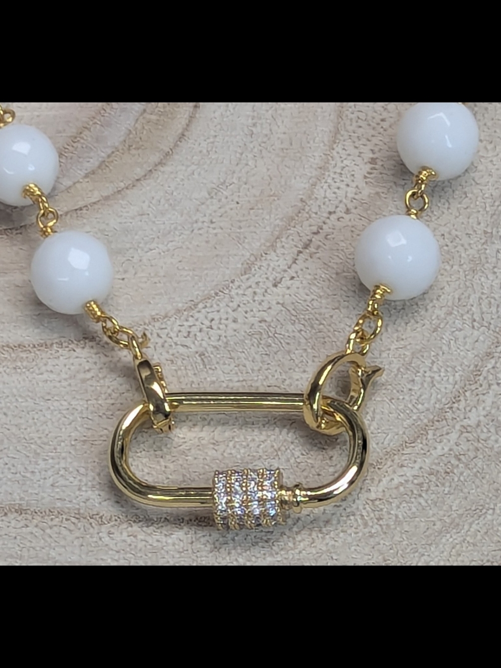 White Jade Faceted Necklace Gold Carabiner CZ Pave Layering Necklace - Picture 5 of 6